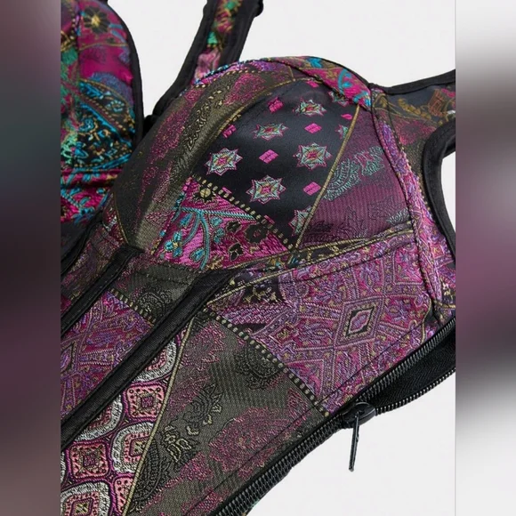 NWT Patchwork Multicolor Floral Jacquard Lace Up Corset SZ L - Picture 4 of 15